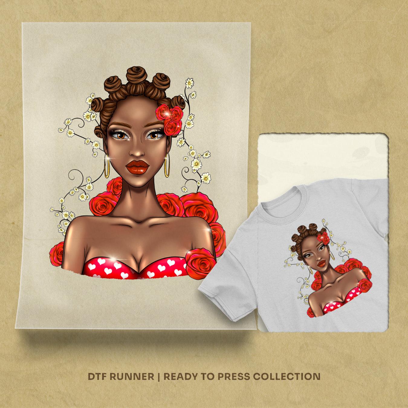 Valentines Day Afro Woman With Roses  dtf heat transfers